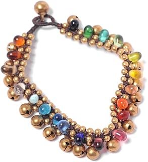 Tobillera artesanal con cuentas de vidrio y campana dorada