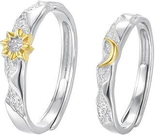 Anillo ajustable de sol y luna para pareja en plata