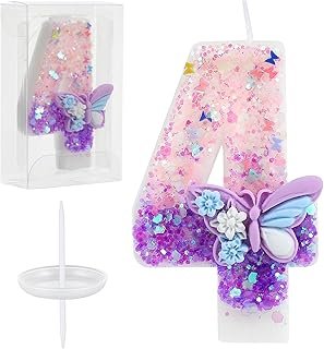 Velas artesanales de mariposas con glitter número 4 para pastel