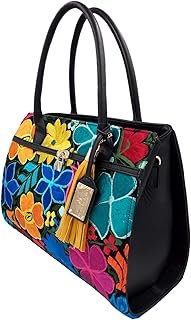 Bolsa de Piel Negra con Telar Bordado Artesanal Hecha a Mano en México