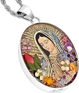Collar Virgen Milagrosa artesanal en plata con flor prensada