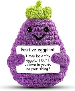 Regalo positivo de patata y berenjena de ganchillo hecho a mano con tarjeta