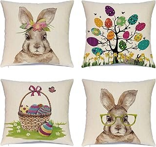 Fundas de almohada de Pascua artesanales con conejos 20×20 juego de 4
