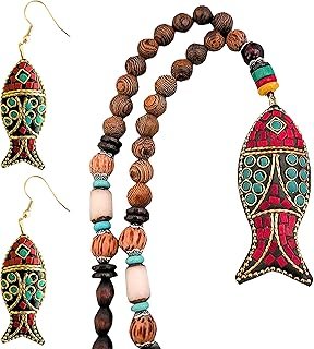 Collar bohemio artesanal de madera con borla y piedras