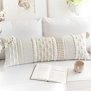 Funda de almohada bohemia artesanal beige para cama y sofá 14×36