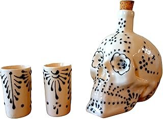 Decantador Talavera calavera pintado a mano con tequileros