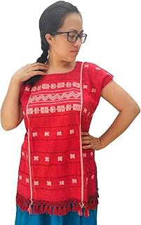 Blusa Huipil Amuzga Bordada a Mano Color Rojo Artesanal