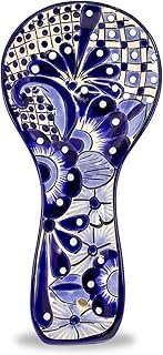 Reposacucharas Talavera azul y blanco pintado a mano