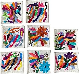 Set de 8 portavasos Tenango bordados a mano con diseño artesanal mexicano