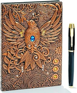 Diario de piel en relieve Phoenix artesanal con bolígrafos