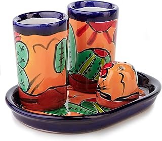 Vasos tequileros Talavera pintados a mano con bandeja artesanal