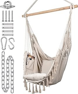 Silla hamaca de macramé artesanal con cojines para interior y exterior