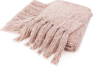 Manta artesanal de chenilla tejida con borlas rosa suave