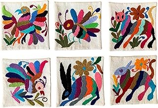 Juego de 6 portavasos bordados a mano Tenango multicolor artesanales