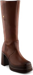 Bota Alta de Piel Café con Plataforma y Tacón