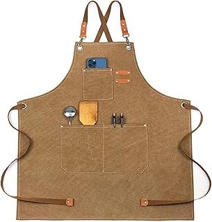 Delantal de lona artesanal con espalda cruzada y bolsillos grandes