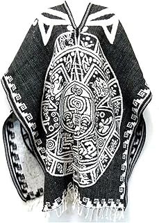 Poncho mexicano artesanal con diseño azteca blanco y negro