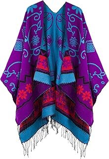 Poncho retro artesanal con flecos y diseño vintage para mujer